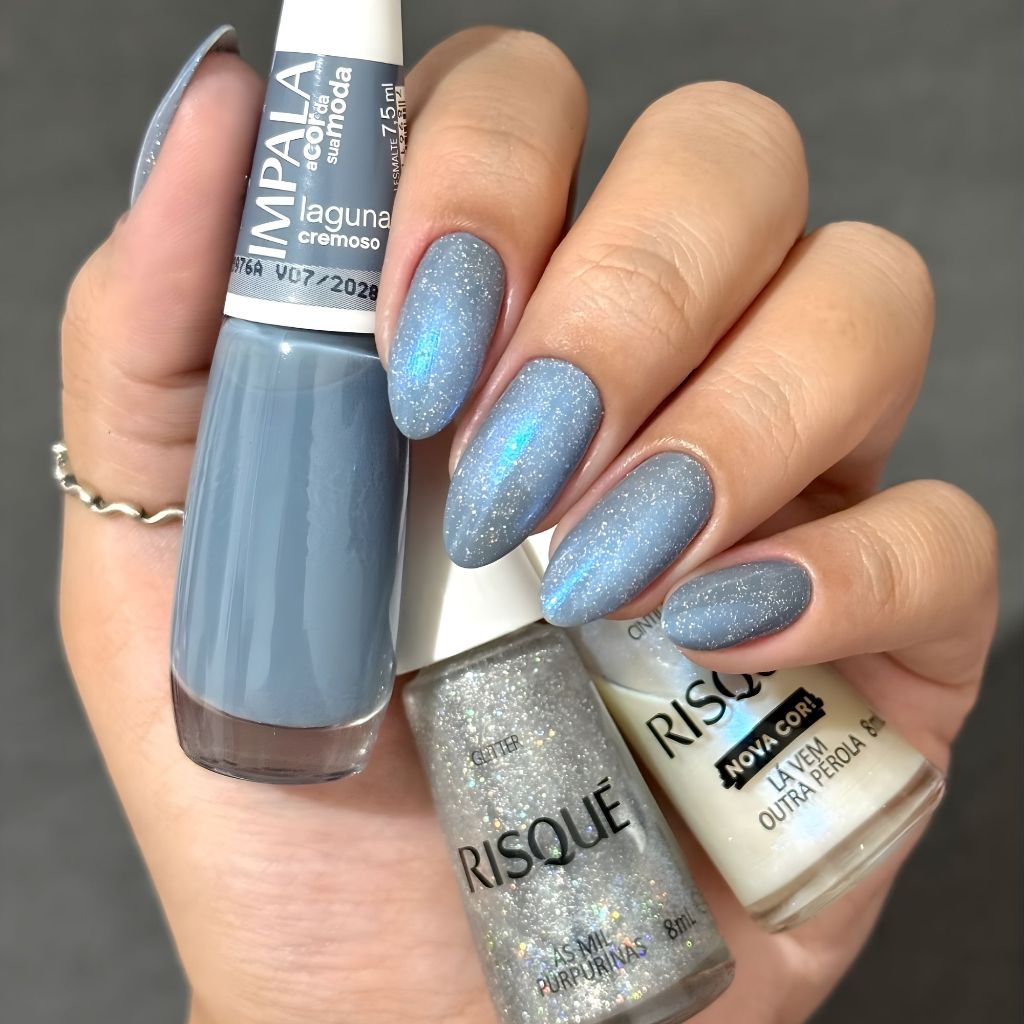Kit 3 Esmaltes Risqué Misturinha Tons Azul Glitter Translucido Esmalte Atacado Impala
