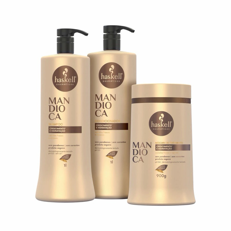 Kit Mandioca Shampoo 1L + Condicionador 1L + Máscara 900ml Haskell