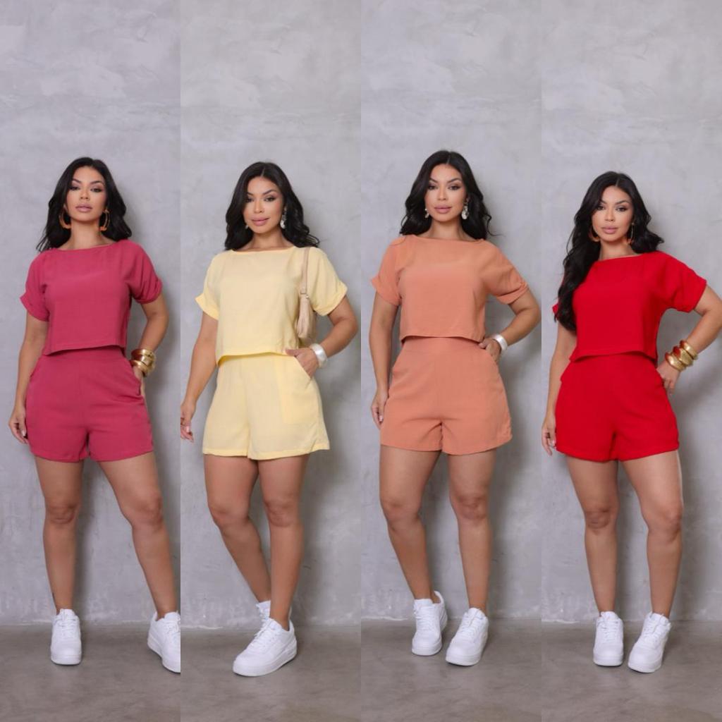 Conjunto Feminino Alfaiataria | Blusa Cropped e Shorts Cintura Alta com Elástico em Oferta na Shopee