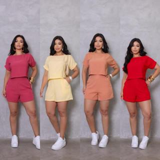 Conjunto Feminino Alfaiataria | Blusa Cropped e Shorts Cintura Alta com Elástico em Oferta na Shopee