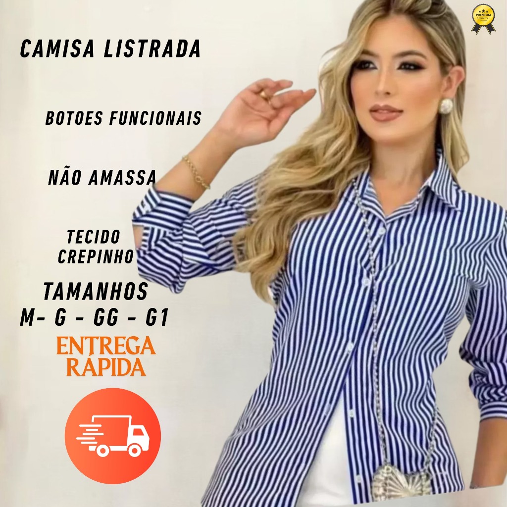Camisa Listrada Feminina Manga Longa Crepinho Social com Botões  Entrega Rápida M G GG e G1 em Oferta na Shopee