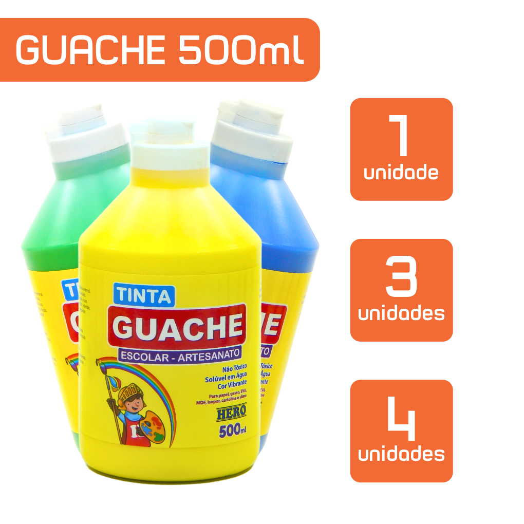 Tinta Guache Escolar 500ml - Marca HERO - Escolha as Cores