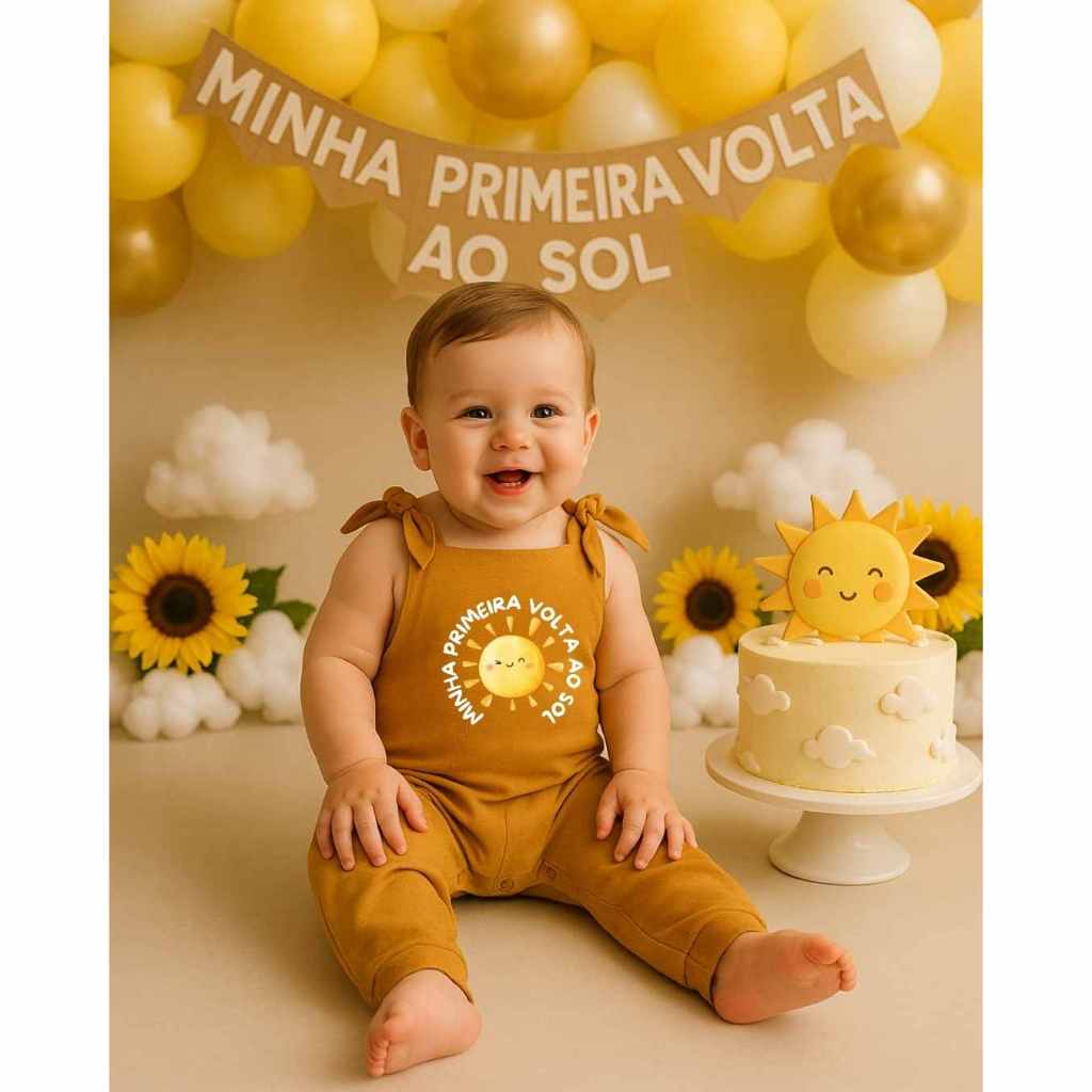 Jardineira Longa Estampada Algodão Bebê Conjunto Minimalista Boho Sol Primeira Volta Sol
