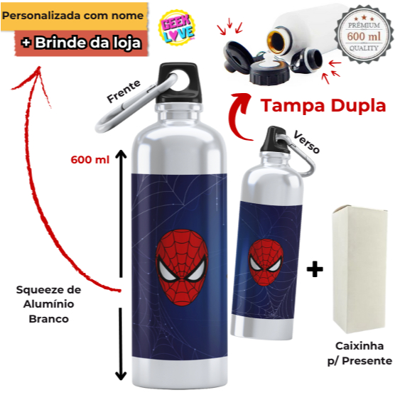 Garrafa Squeeze Homem-Aranha Tampa Dupla com Nome + MIMO: Toalhinha/Chaveiros/Porta Copos/Mousepad