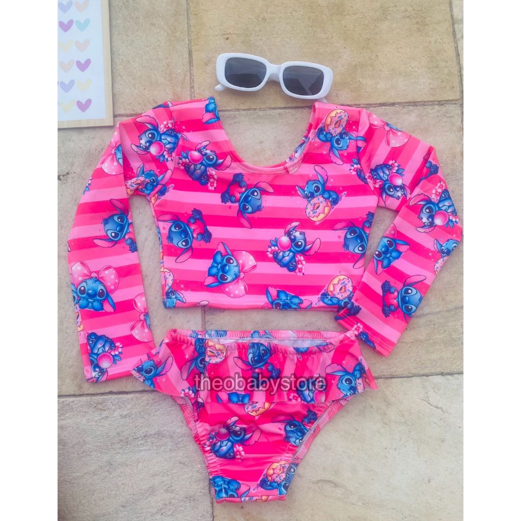 Biquini Cropped Stitch Manga Longa + Calcinha Proteção UV Conjunto 2 A 10 Anos Praia Menina Piscina Blogueirinha Verão