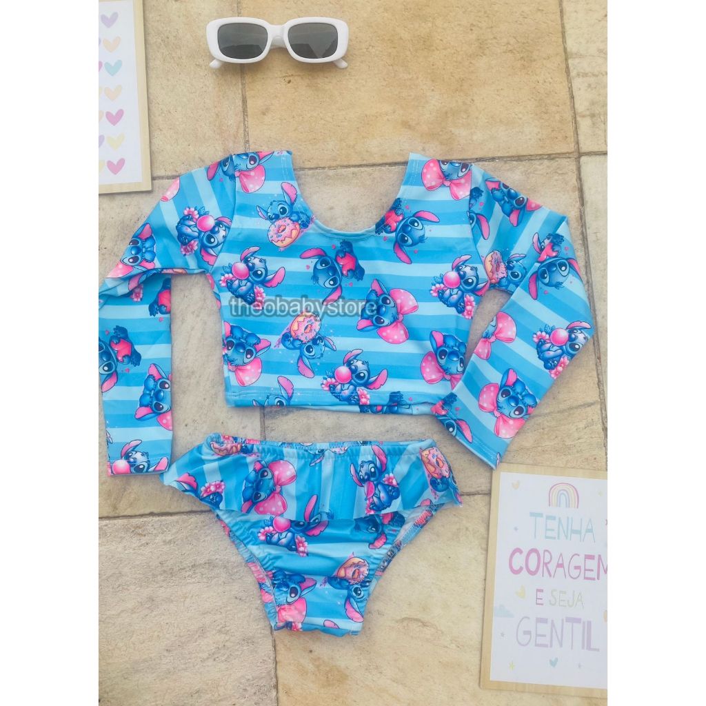 Biquini Cropped Stitch Blusa Manga Longa + Calcinha Proteção Conjunto 2 Ao 10 Praia Menina Personagem Blogueirinha Verão