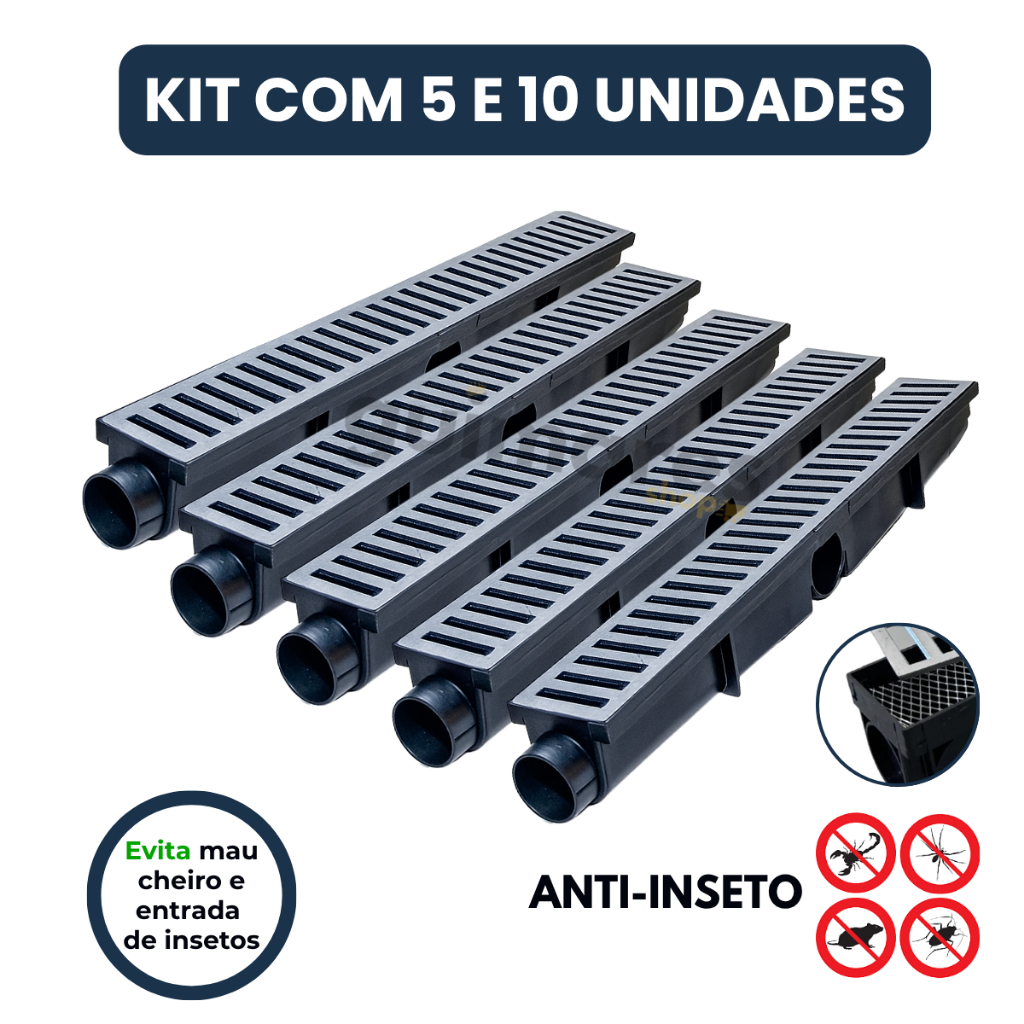 Kit 5un 10un Ralo linear Com Filtro com 6x50 Grelha Alumínio Coletor pluvial sifão borda piscina jardim tela anti inseto