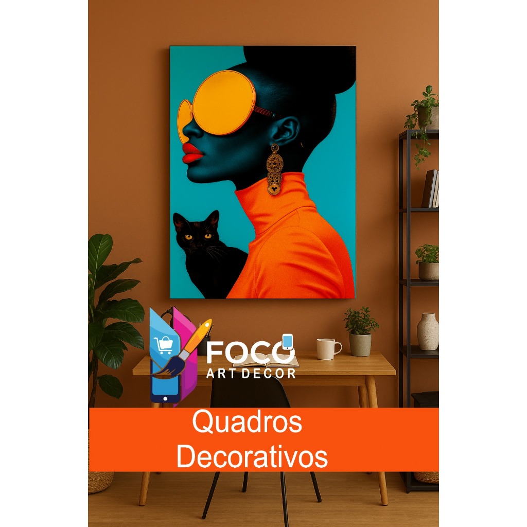 Quadro Mulher Pop Art Laranja Azul Turquesa Retrato Gato Preto Decoração Moderna Sala Quarto