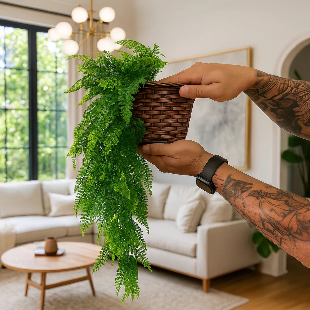 Kit Planta Decorativa: Vaso Trançado Marrom + 1 Pendente Artificial Folhas De Samambaias