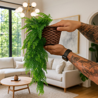 Kit Planta Decorativa: Vaso Trançado Marrom + 1 Pendente Artificial Folhas De Samambaias em Oferta na Shopee