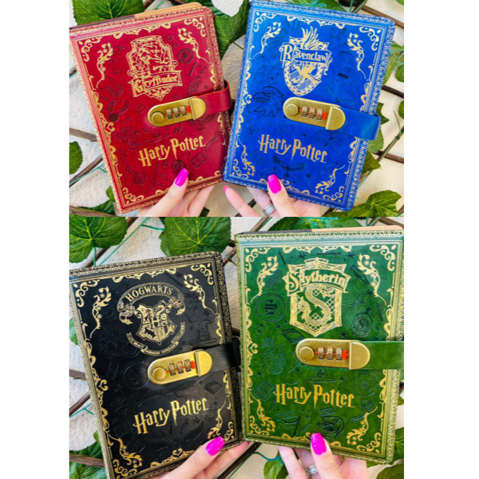 Caderno Diário Harry Potter Couro Decorado com Senha Papelaria Geek Presente Nerd Filme 96 Follhas
