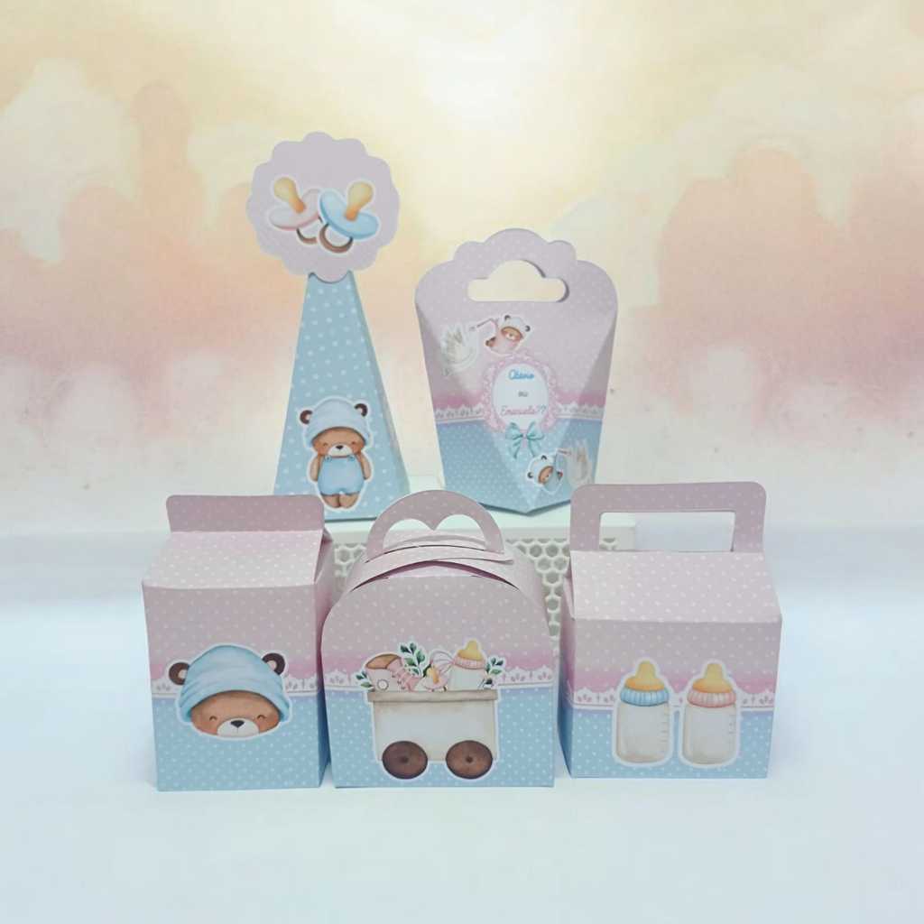 Kit Caixinhas Personalizadas Chá Revelação Ursinhos e Cegonha Festa Bebê Lembrancinhas