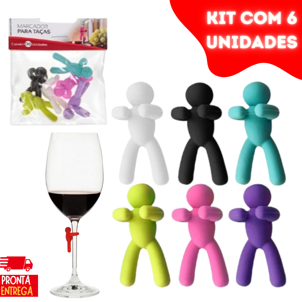 Kit de 6 Marcadores de Taça Silicone Colorido Vinho Drinks Coquetéis Gin