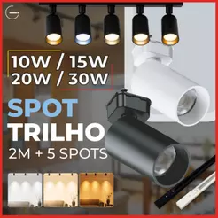 2M Trilho + 5 Spot LED 30W 20W 15W 10W Eletrificado + Trilho Tubinho Preto e Branco Bivolt