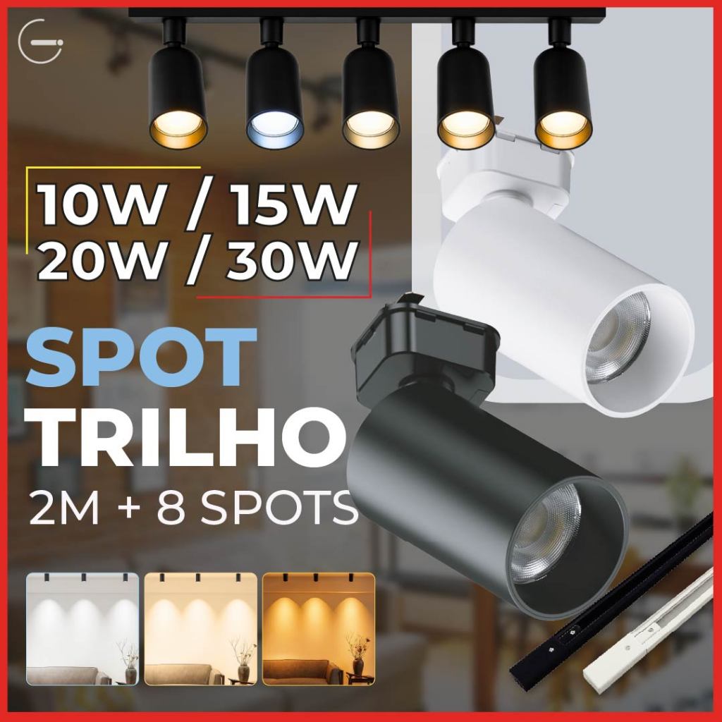 2M Trilho + 8 Spot LED 30W 20W 15W 10W Eletrificado + Trilho Tubinho Preto e Branco Bivolt em Oferta na Shopee