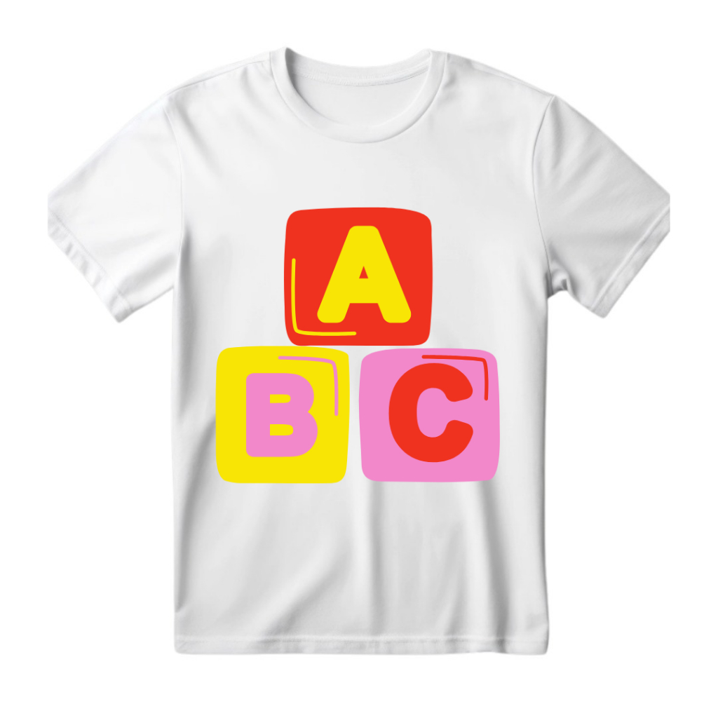 Camisa Unissex ABC Infantil E Adulto Alfabeto Colorido Camiseta Estampada 100%Algodão - Envio Rapido
