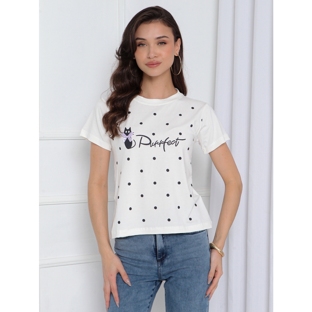 Camiseta T-shirt femininas Estampa de bolinhas Confortável e elegante