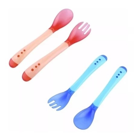 Kit Colher + Garfo Infantil de Silicone Flexível Sensor Térmico - Azul ou Rosa Bebê Criança
