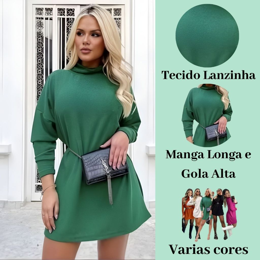 Vestido Poncho Feminino Gola Alta, Manga Longa, em Tecido Lanzinho Disponível em Diversas Cores e em Tamanho Único