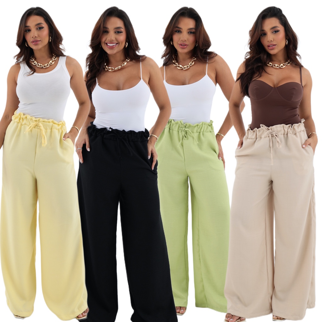 Kit 2 Calças Pantalona Feminina Cintura Alta com Bolso Tecido Linho Duna Wide Leg Tendência PROMOCAO
