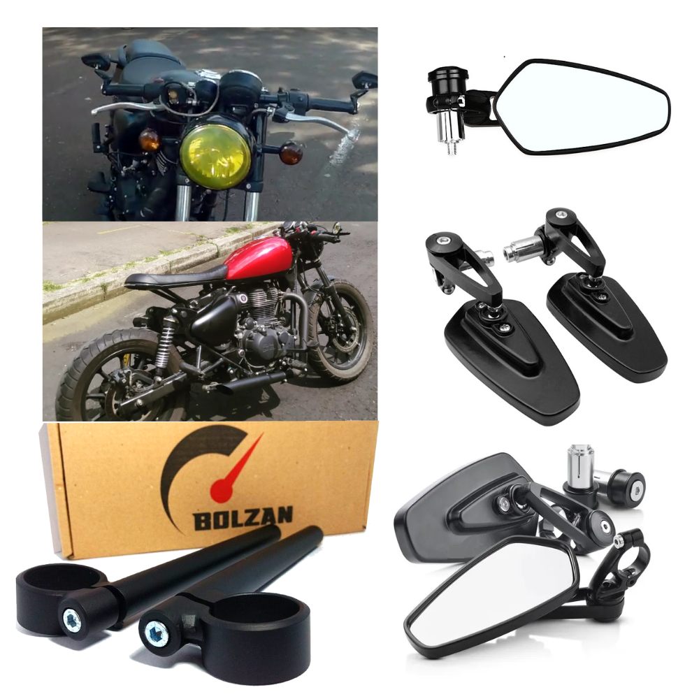 Semi guidao cafe racer moto Royal Enfield Meteor 350 com retrovisor ponta de guidao custom