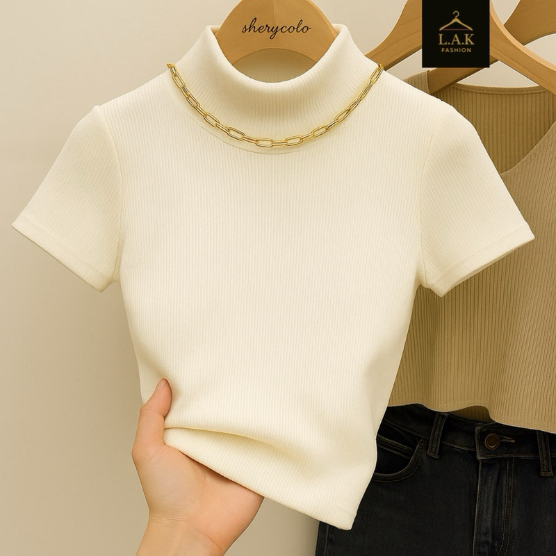 Camisa Manga Curta Feminina Canelada Ribana Gola Alta Elegante Versátil em Oferta na Shopee