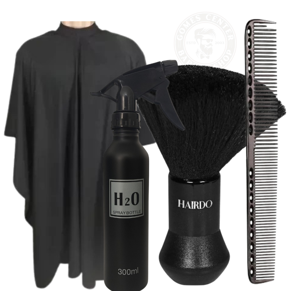 Kit Barbeiro Profissional Completo – Capa de Corte + Borrifador + Pente Carbono + Espanador
