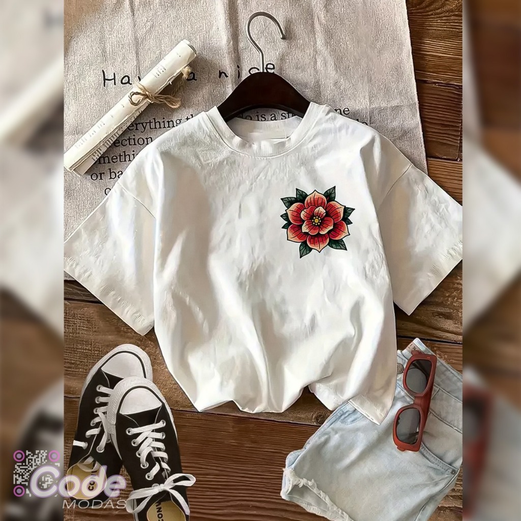 Camisa Camiseta T-Shirt Praia Floral Estilo Retrô Algodão Vintage