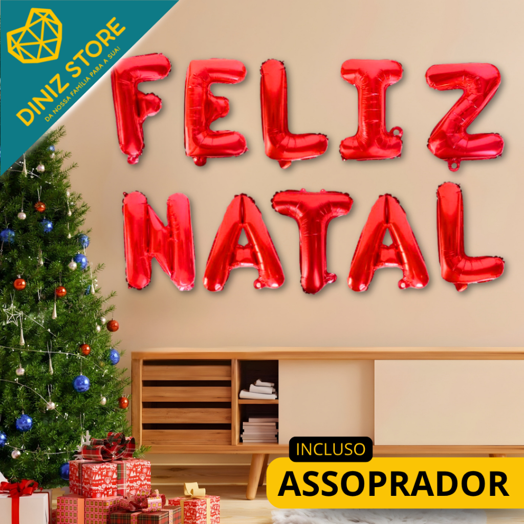 Kit Balões Metalizados Vermelho 37cm "FELIZ NATAL" com Assoprador