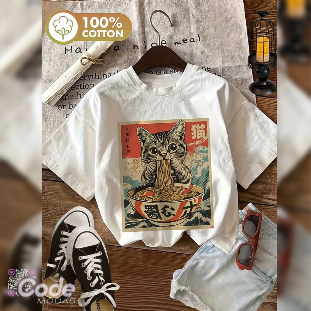 Camisa Camiseta T-Shirt Gato Ramen Japonês Estilo Retrô Algodão Vintage em Oferta na Shopee