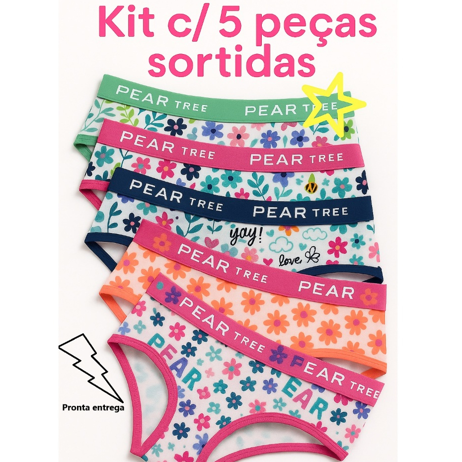Kit 5 Calcinha Infantil Algodão para Meninas Juvenil Cotton em Oferta na Shopee