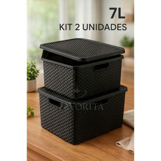 Kit Com 2 Cestos Caixas Organizadoras Rattan Com Tampa 7 Litros Preto Multiuso - TOY 25588