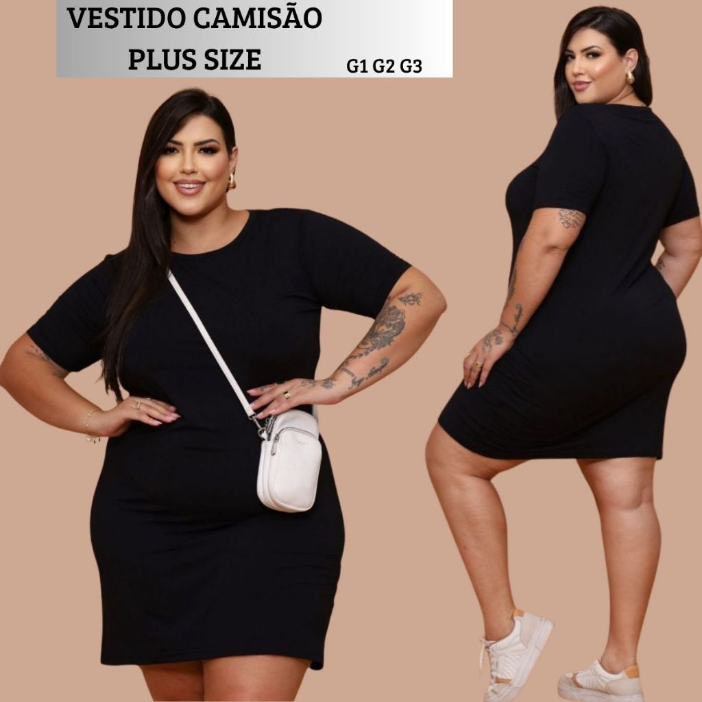 Vestido Plus PRETO LISO confortável básico  Camisetão Camisão Plus size midsize Curve Curvy Verão em Oferta na Shopee