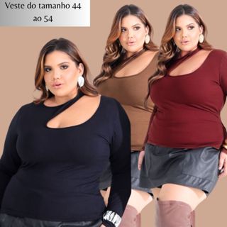 Blusa Feminina Manga Longa Cumprida Plus Size Estilosa Chocker Decote Assimétrico  Veste do 44 ao 52 em Oferta na Shopee