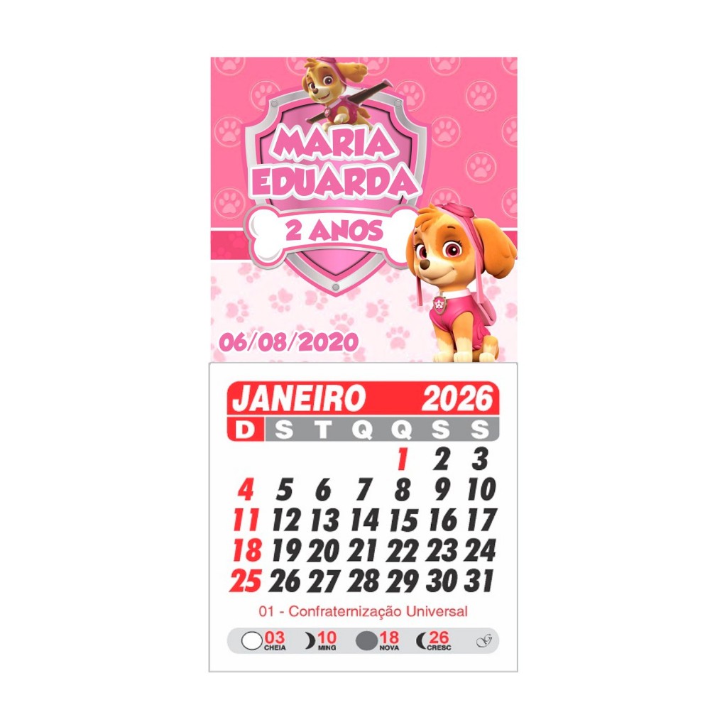 Mini Calendário com imã personalizado - Patrulha Canina Sky rosa menina