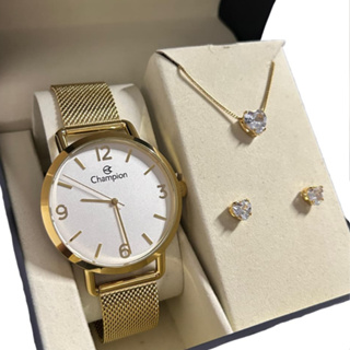 Kit Relógio Champion Feminino Analógico Pulseira Esteira Dourado Original Fundo Branco em Oferta na Shopee