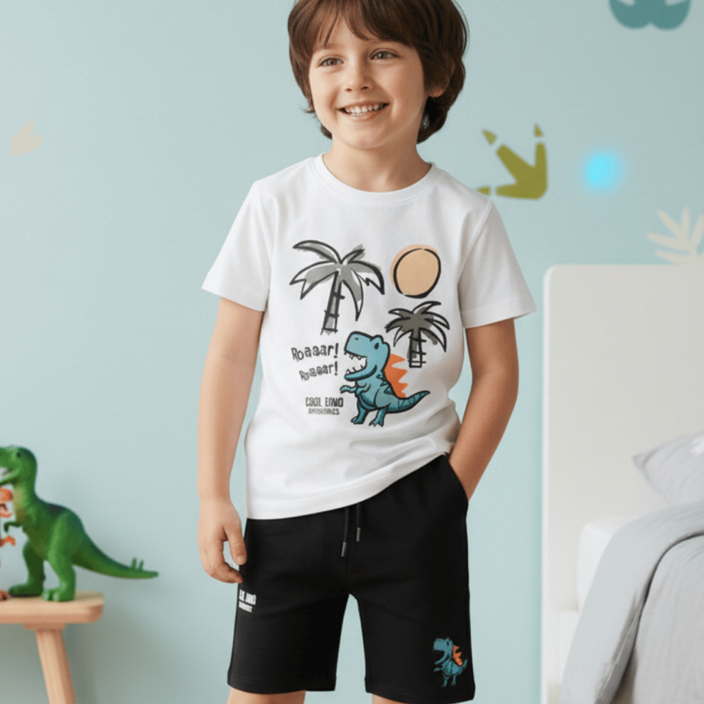 Kit Infantil Dinossauro Camiseta E Bermuda Moletom Cool Dino Camiseta 100% Algodão