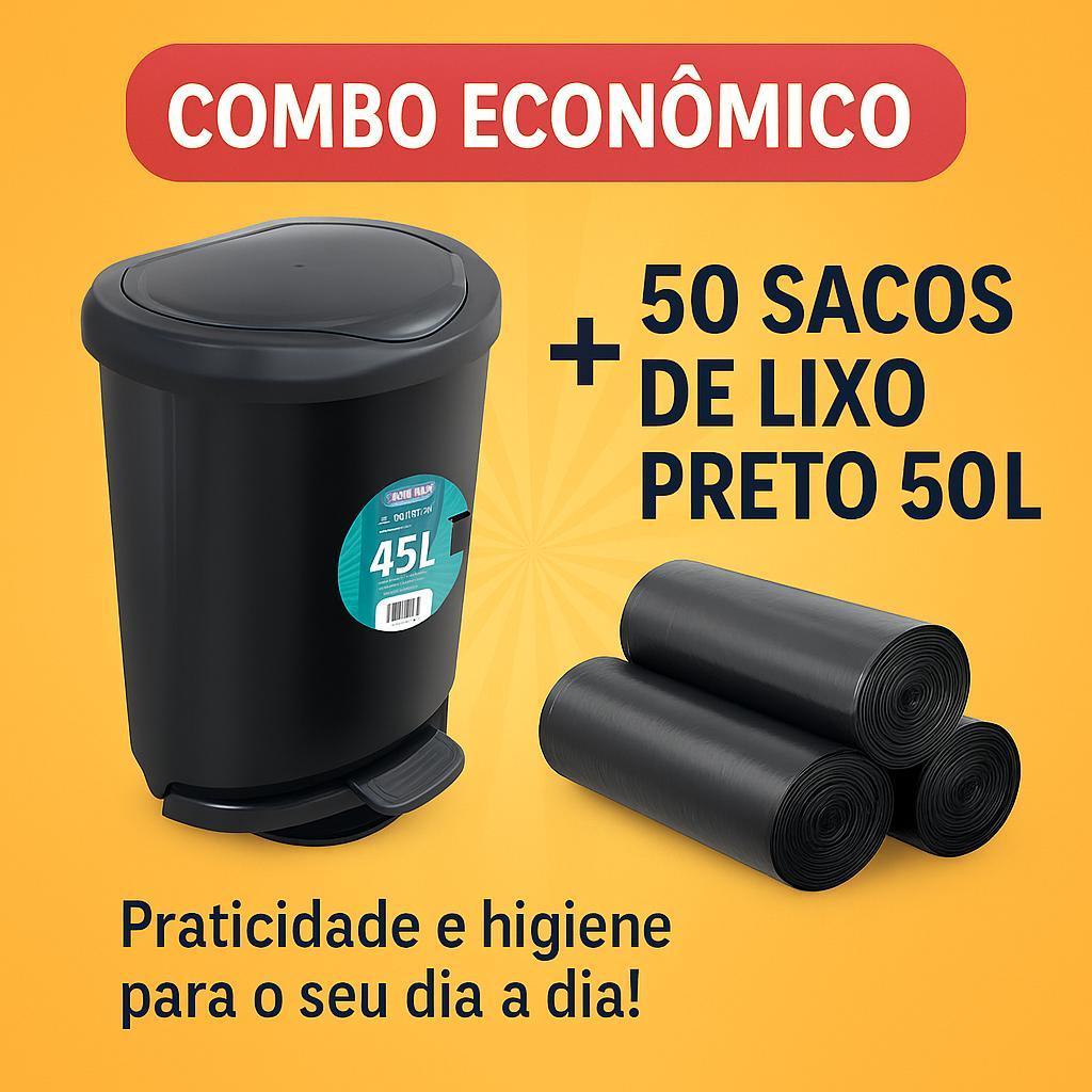 Kit Econômico Lixeira Cesto 45L com Pedal+50 Sacos de Lixo Preto 50L - Banheiro, Cozinha e Etc - TOY 25746