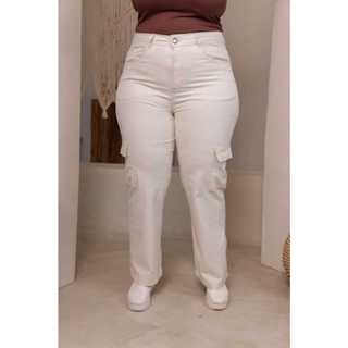 Calça Cargo Bege Plus Size Com Lycra Casual Streetwear em Oferta na Shopee