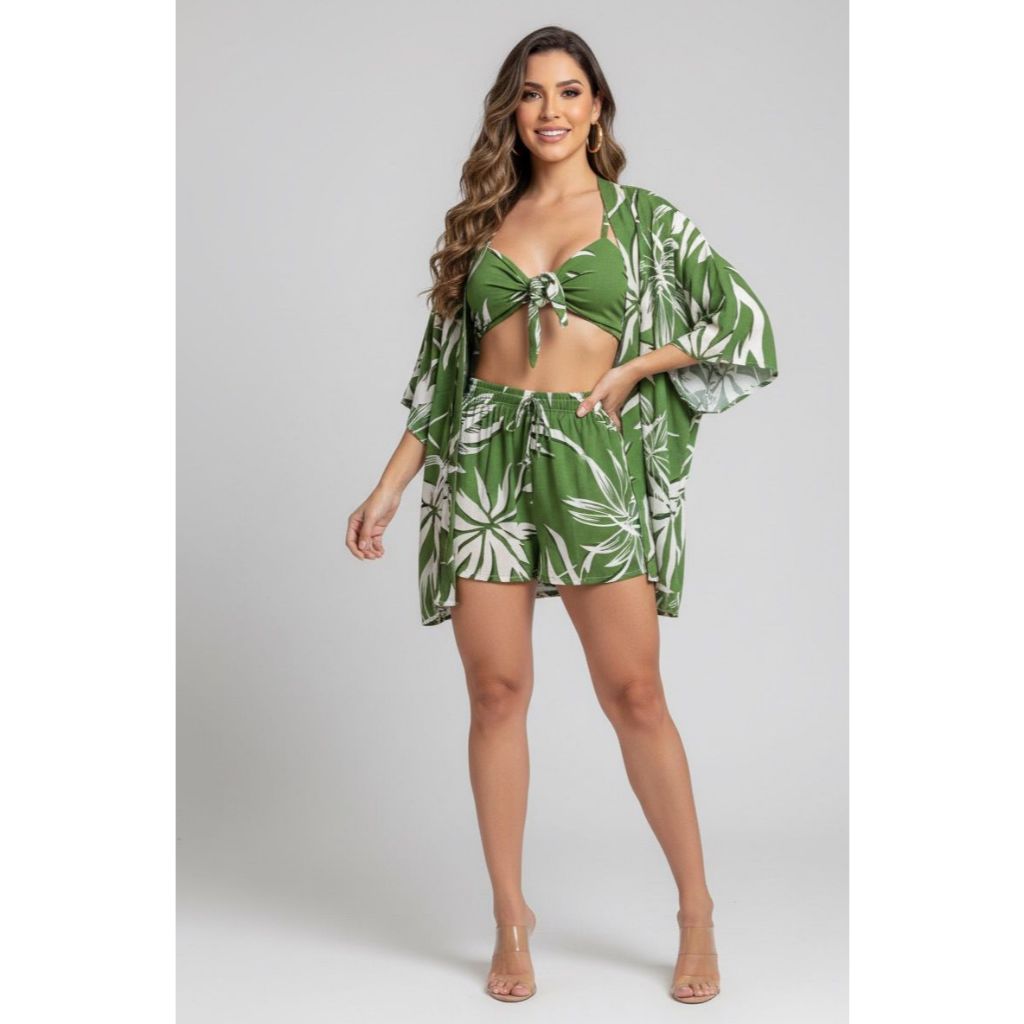 Conjunto Feminino 3 Peças Kimono Short Top Estampas Florais