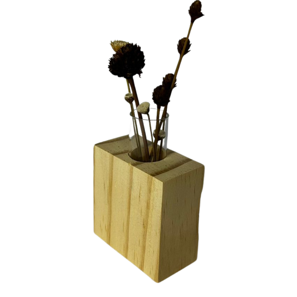 Vasinho Cubo Pinus Natural Com Tubo De Vidro Decoração Minimalista Mini Vaso Planta