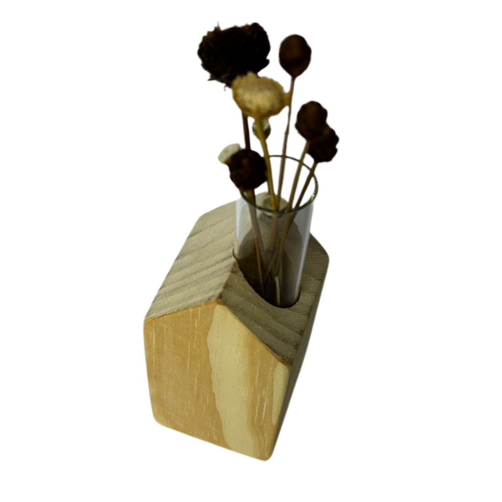 Vasinho Casinha Em Pinus Natural Com Tubo De Vidro Mini Vaso Planta Decoração