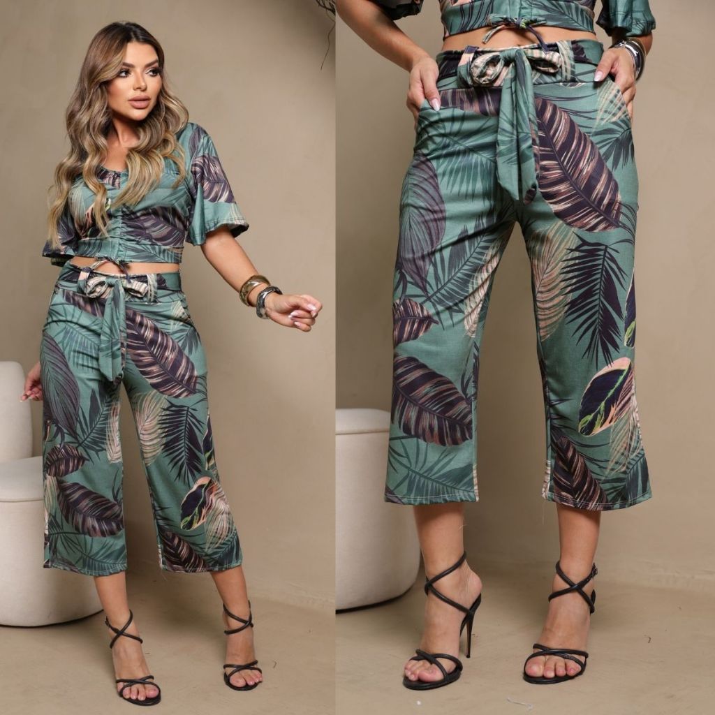 Calça Pantacourt Feminina Cintura Alta Cinto Bolso Estampada Calca Senhora Trabalho Capri Midi Lisa