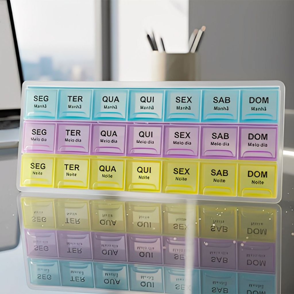Porta Comprimidos Semanal 21 Divisórias Manhã, Meio-Dia e Noite Organizador de Remédios Colorido em Oferta na Shopee
