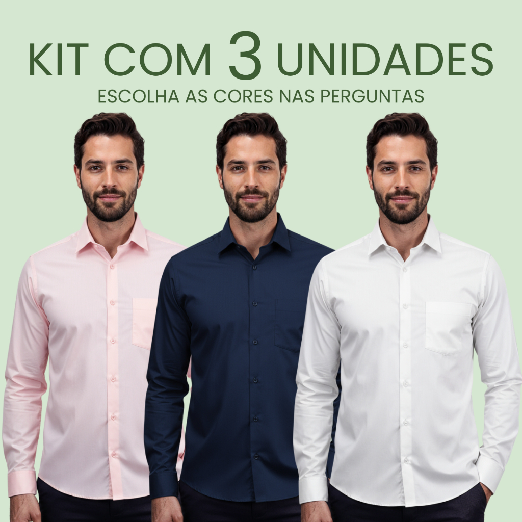 Kit 3  Camisa Social Masculina Manga Longa Forma Tradicional Não Amassa