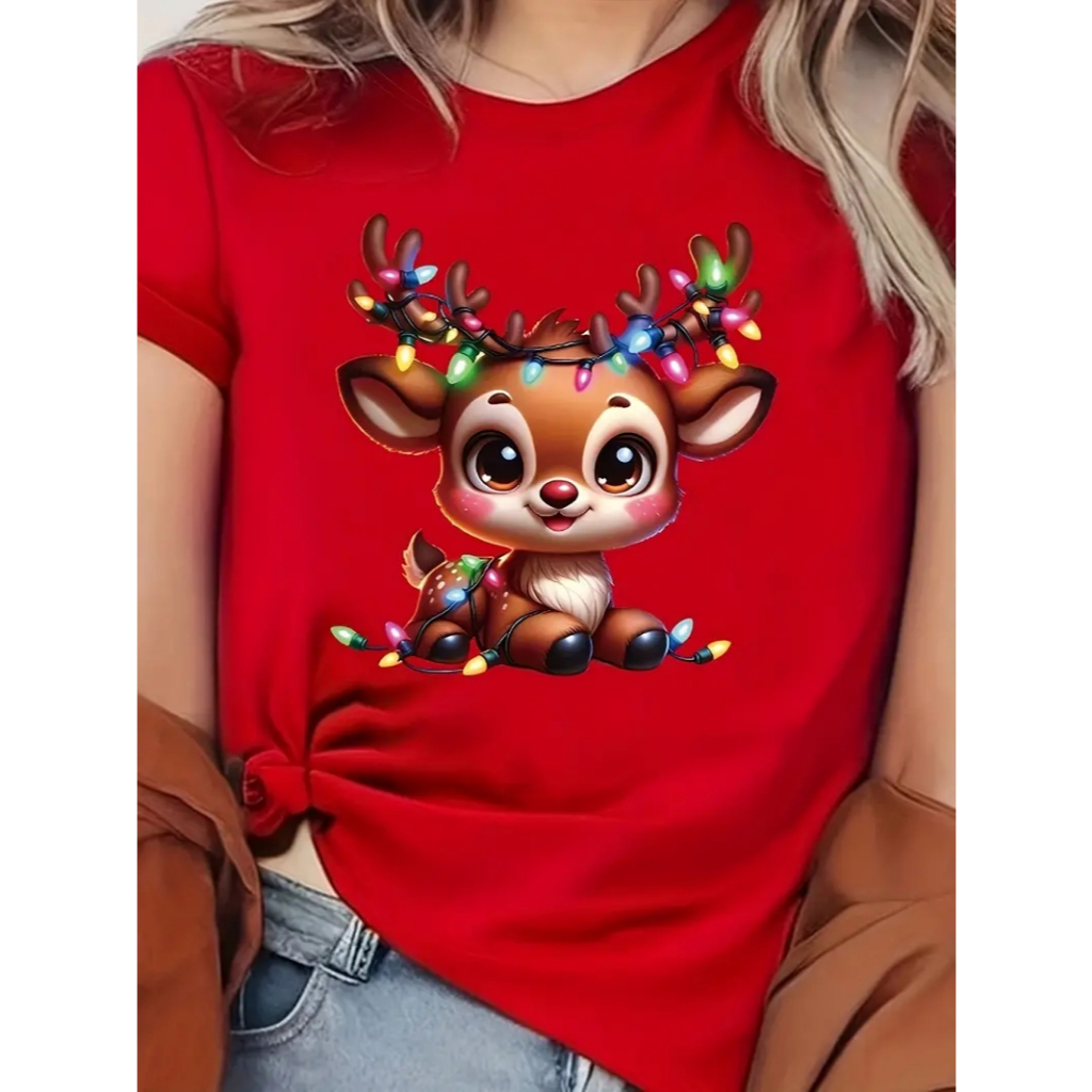 T-Shirt Blusinha Natal Feminina Estampa Rena com Pisca Pisca Look Natalino