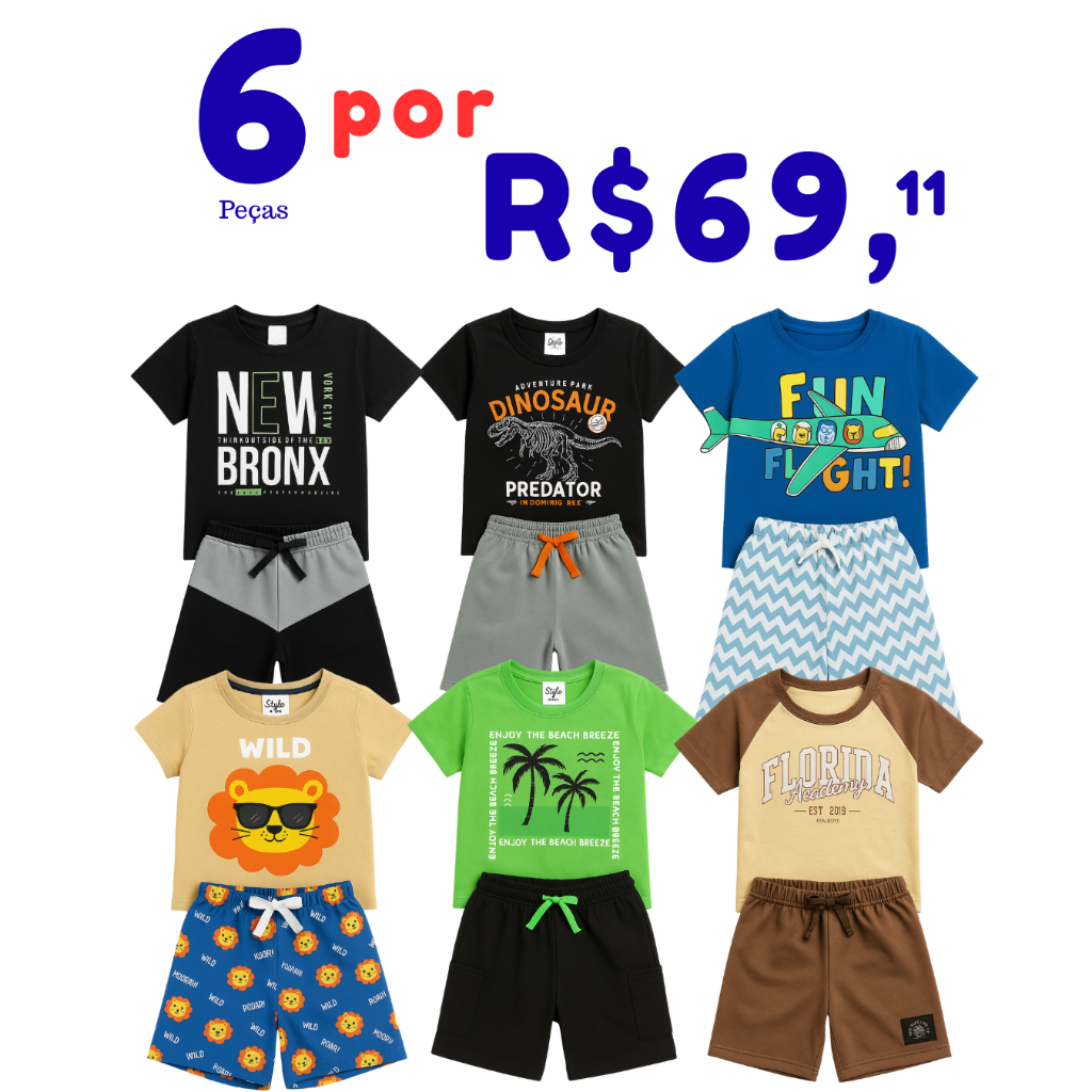Kit 6 peças Infantil 3 Conjuntos Menino Verão Sortidos Algodão