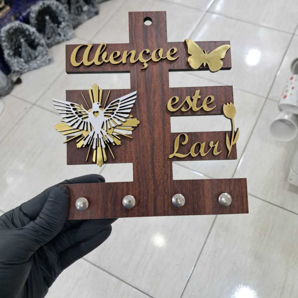 Porta Chave Madeira Mdf Abençoe este lar com Divino Espirito Santo
