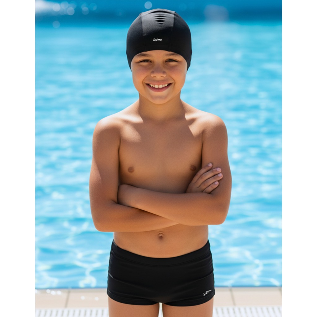 Kit Touca De Natação Proteção Solar Uv Infantil Bebes +Sunga Boxer Lisa Logo Refletiva Com Cadarço