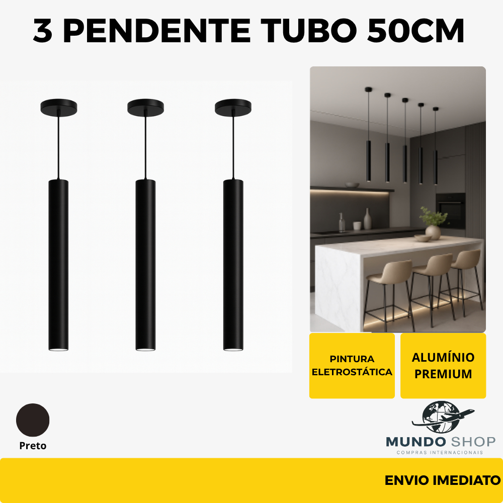 Kit 3 Luminária Pendente cilindro Tubo 50cm Alumínio Pintura Eletrostática Luminária de Teto